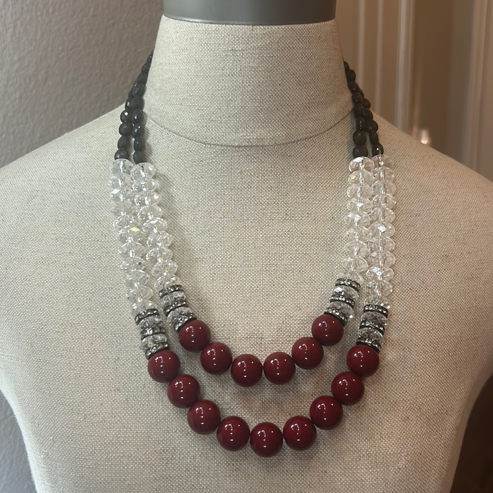 Red Layered Transparent Beaded Necklace